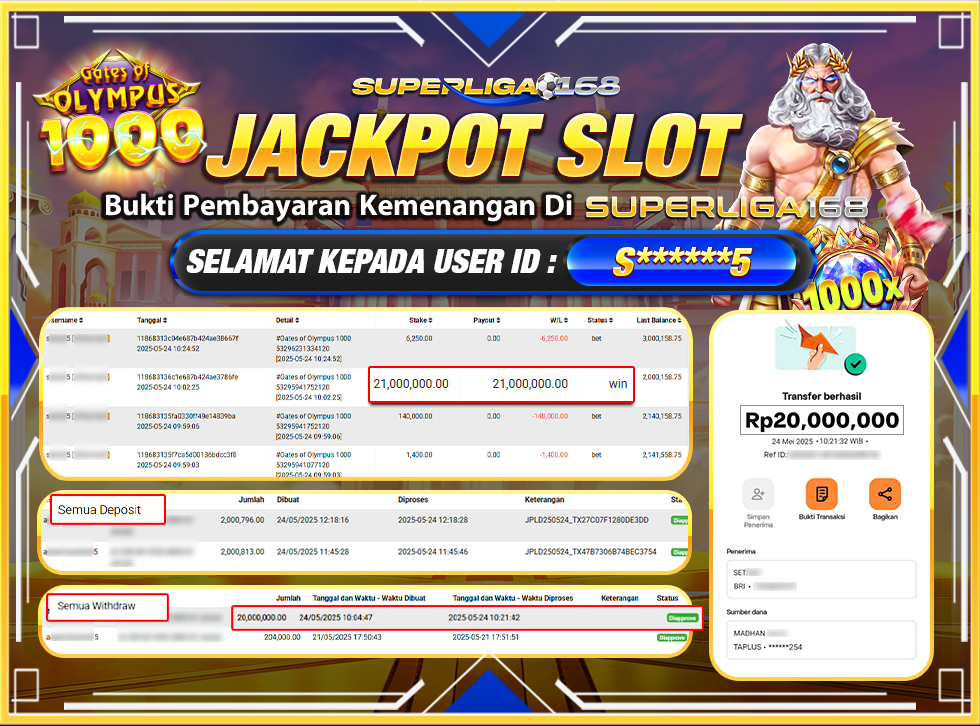 SUPERLIGA168 JACKPOT GATES OF OLYMPUS 1000 RP.20,000,000-LUNAS
